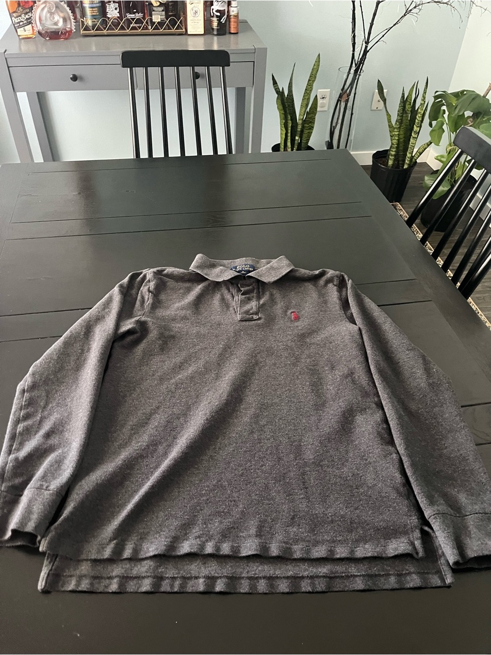 Polo by Ralph Lauren Long-Sleeve Polo Shirt in Charcoal Gray with Red Pony